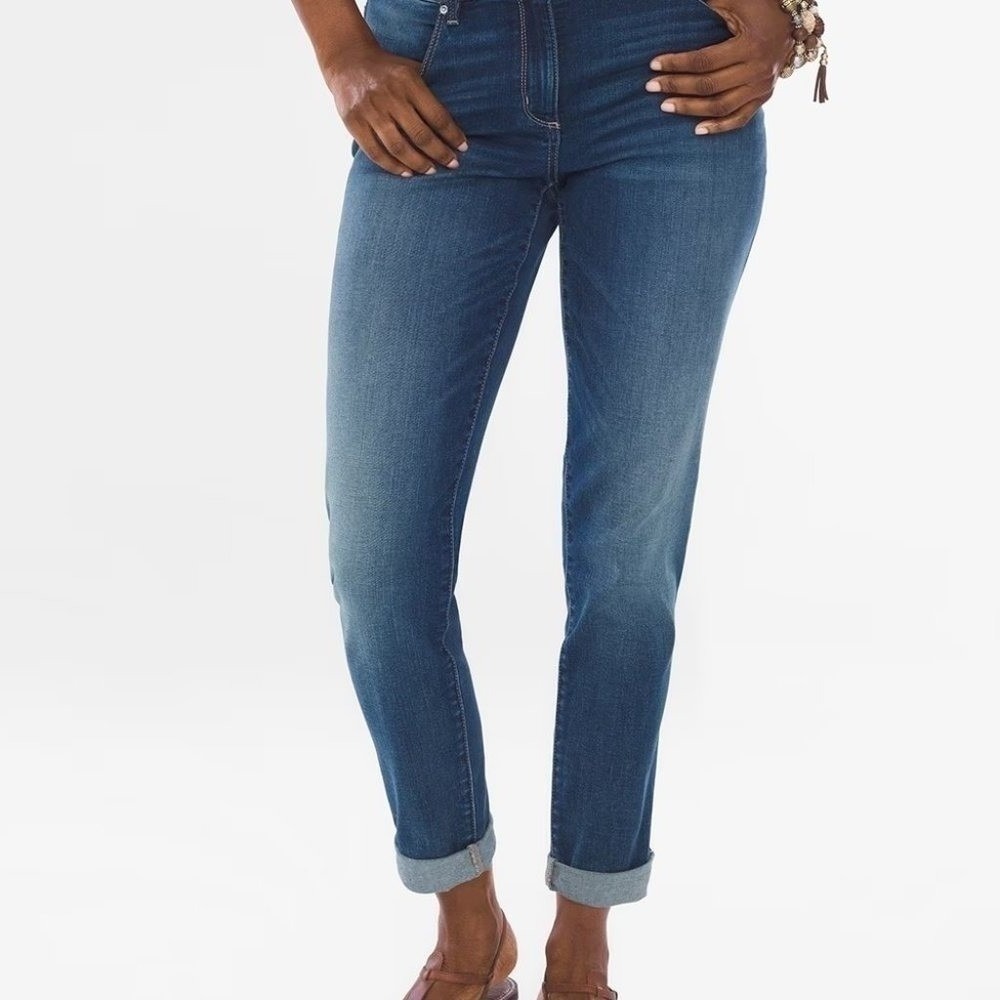 Chico's Boyfriend Ankle Jeans Women Size 1/8 Blue Stretch Denim Pants EUC